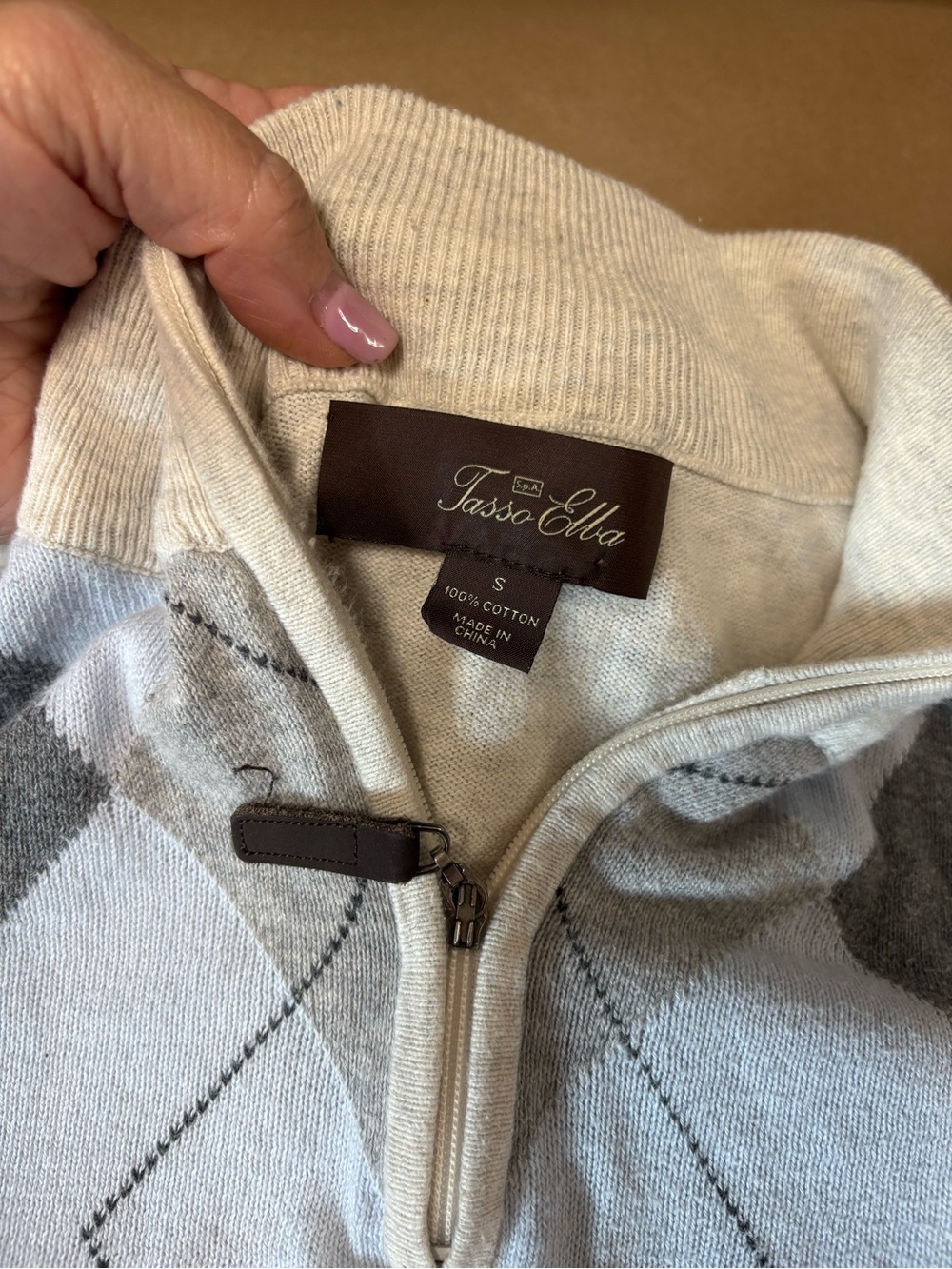 Tasso Elba Cream & Gray Argyle Quarter-Zip Pullover